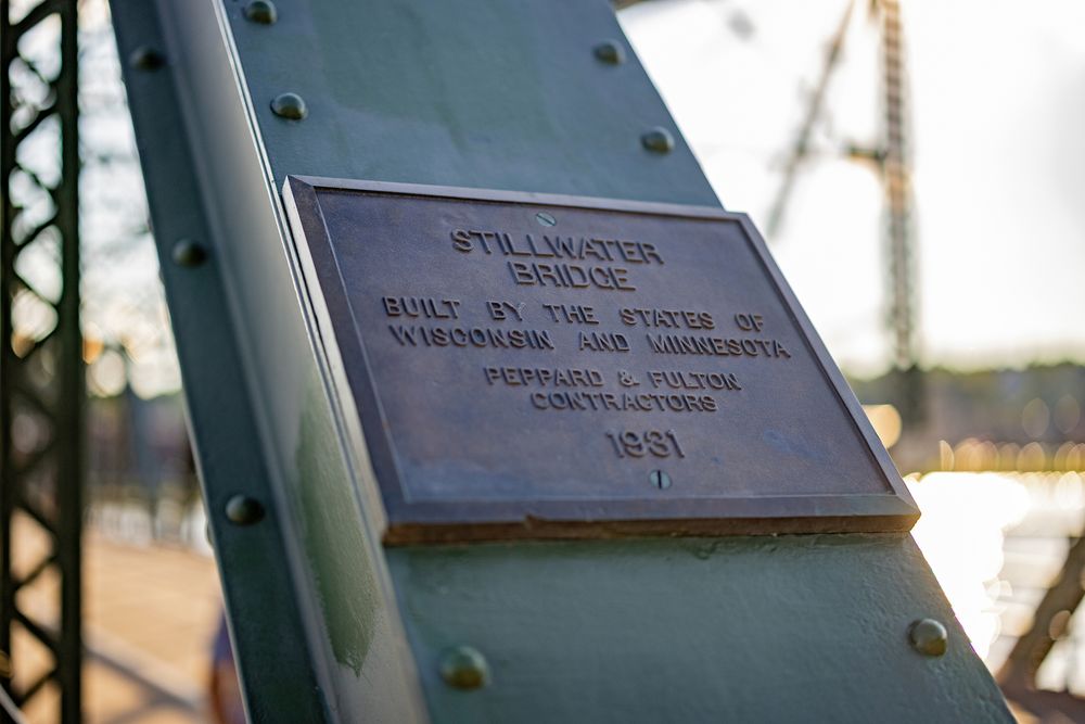 Historic Stillwater Bridge plaque built by Wisconsin and Minnesota states in 1931.