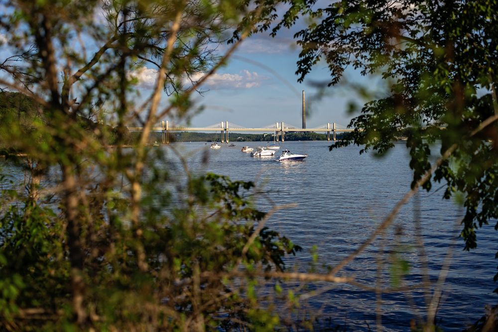 Scenic view of boats on a river framed by trees with a suspension bridge in background.
