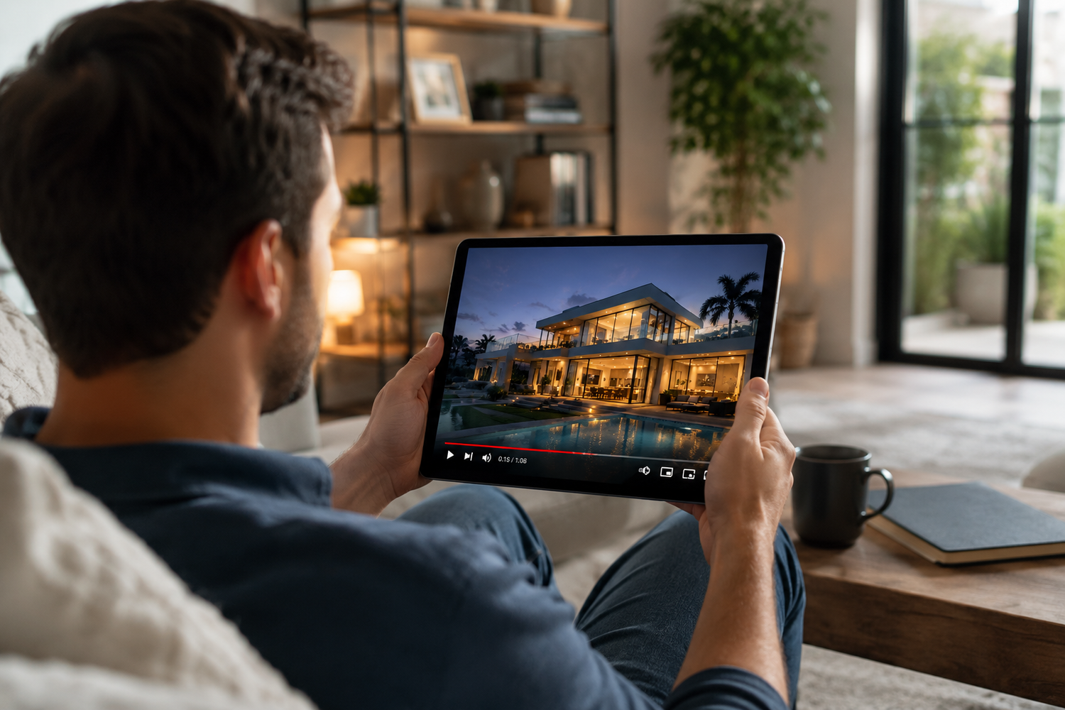 Man relaxing on sofa using tablet to watch luxury home video tour in modern living room.