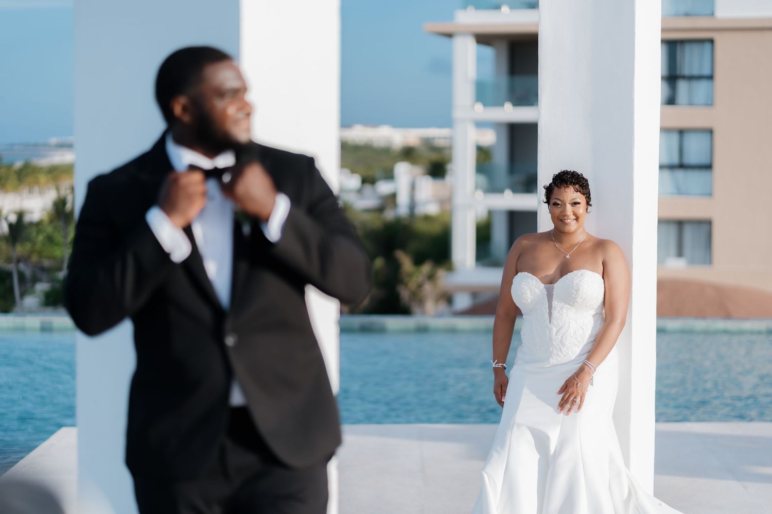 Bride and groom portrait at Majestic Mirage Costa Mujeres.