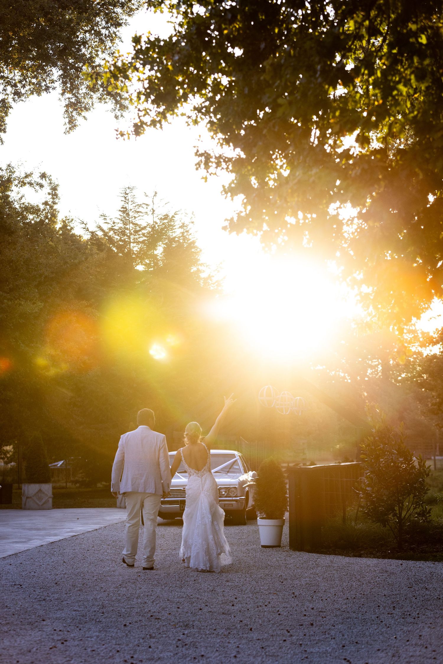 Bride and groom walking toward vintage car at golden sunset, backlit by warm sunlight filtering through lush trees.
