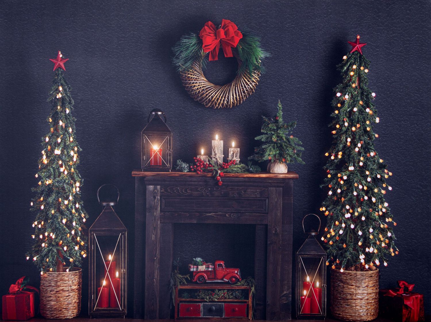 Dark Christmas panorama with decorated trees, lanterns, and red gift boxes against navy background.