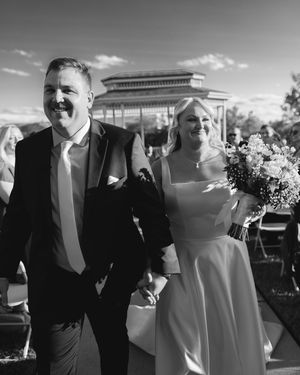 Black and white photo series captures candid moments of a wedding couple in formal attire outdoors.