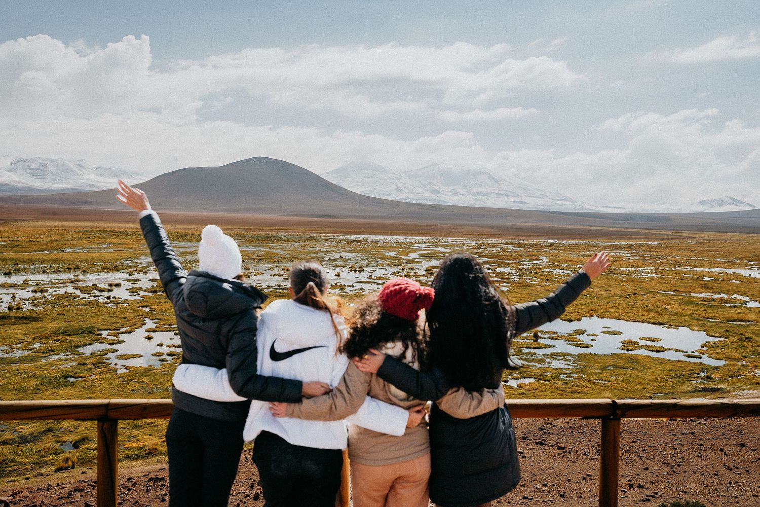 Group of friends celebrating with arms raised against mountain panorama.