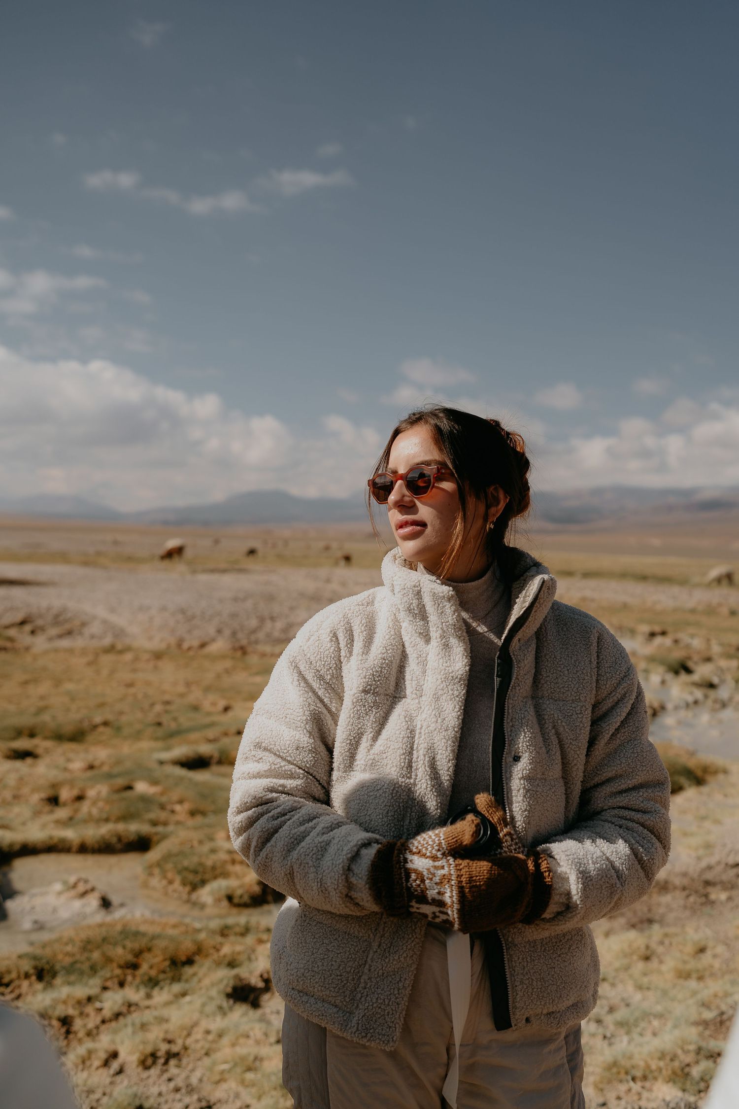 Person in a cozy fleece jacket enjoying a scenic mountain landscape on a sunny day.