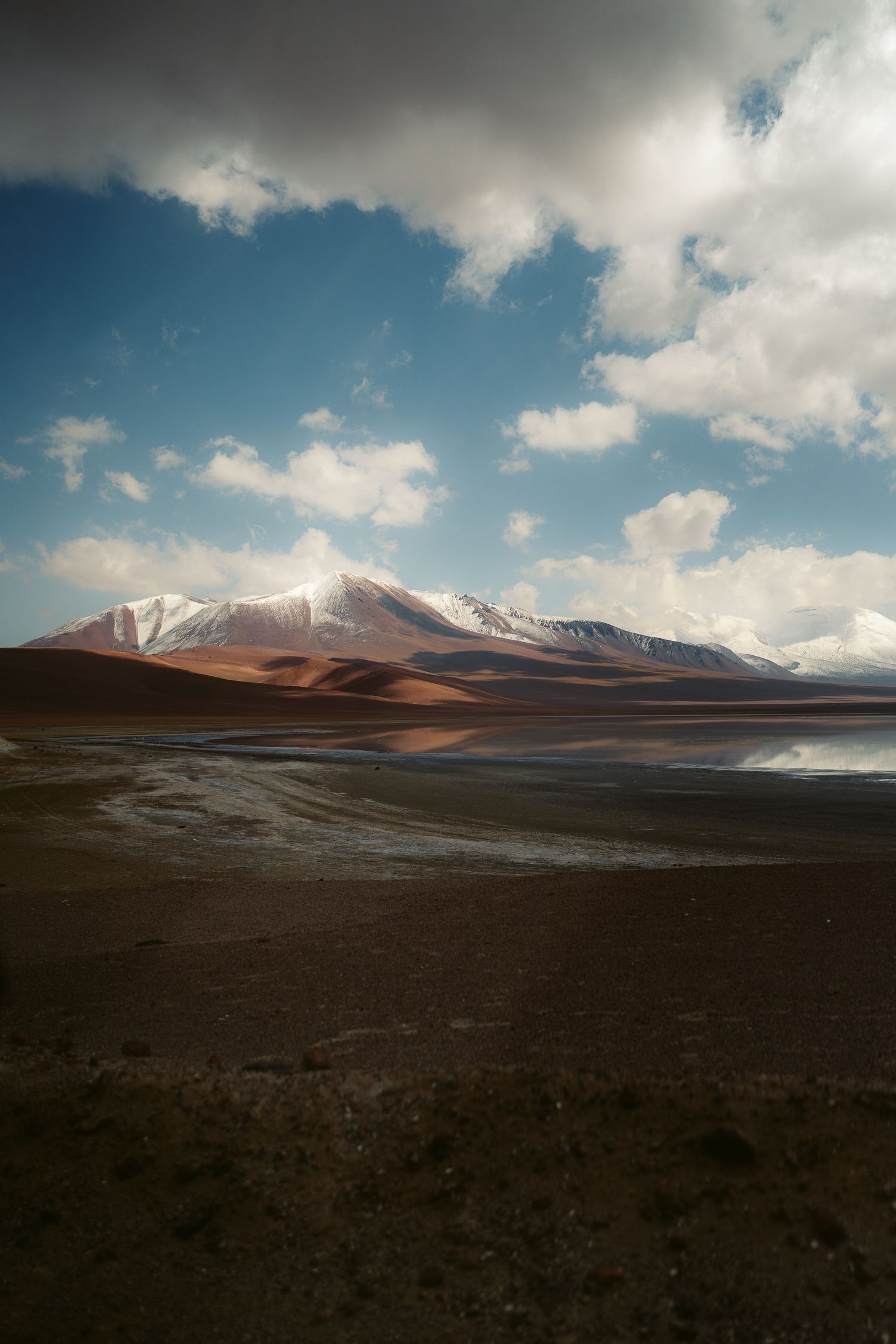 Snow-capped mountains rise above a dramatic desert landscape under puffy white clouds.