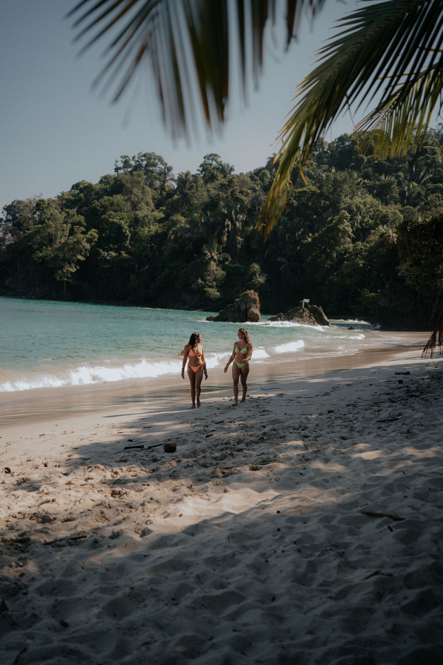 Two beachgoers walk along a pristine tropical shoreline under palm trees.