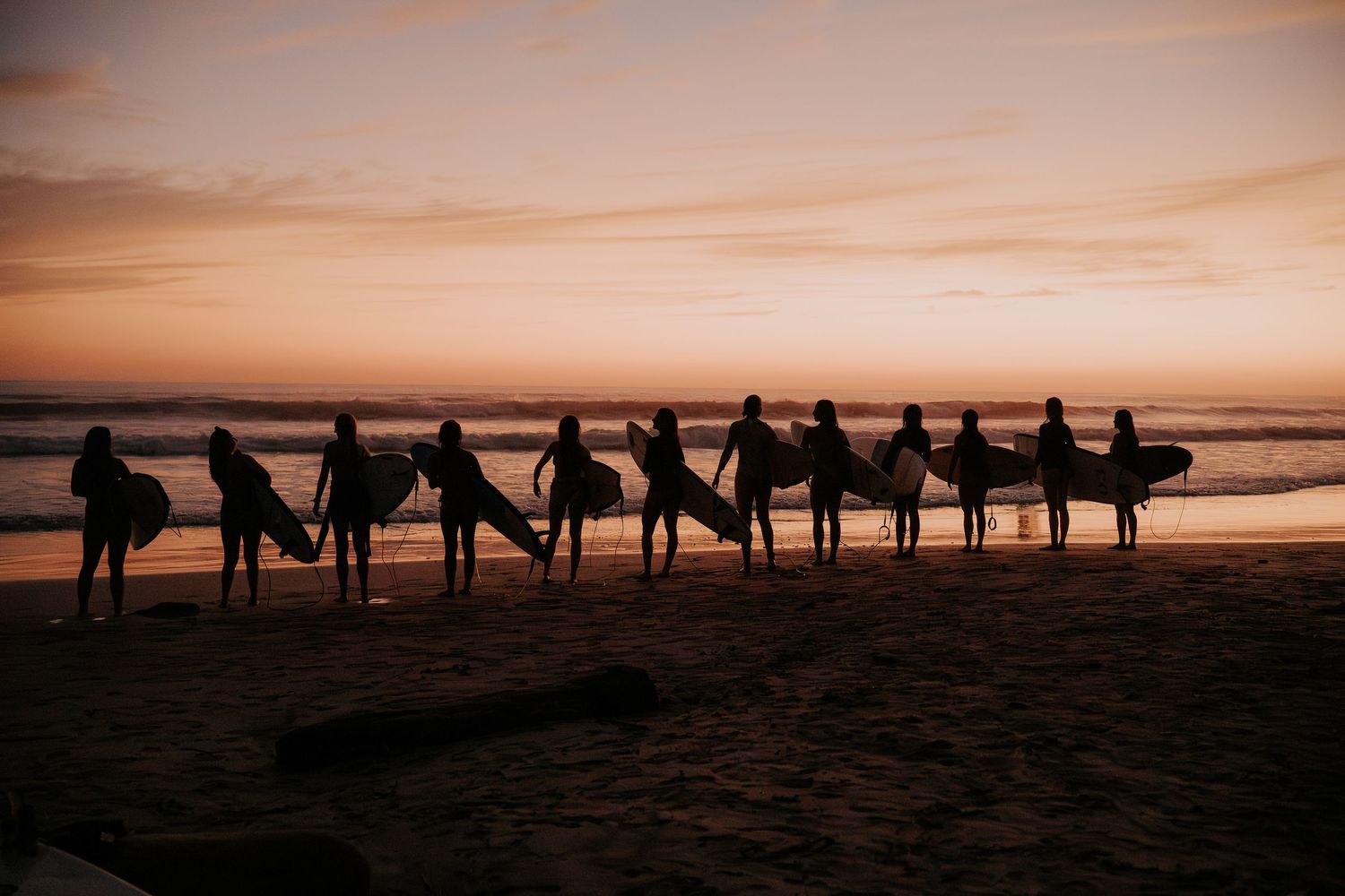 Row of surfers silhouetted against sunset sky holding boards on beach.
