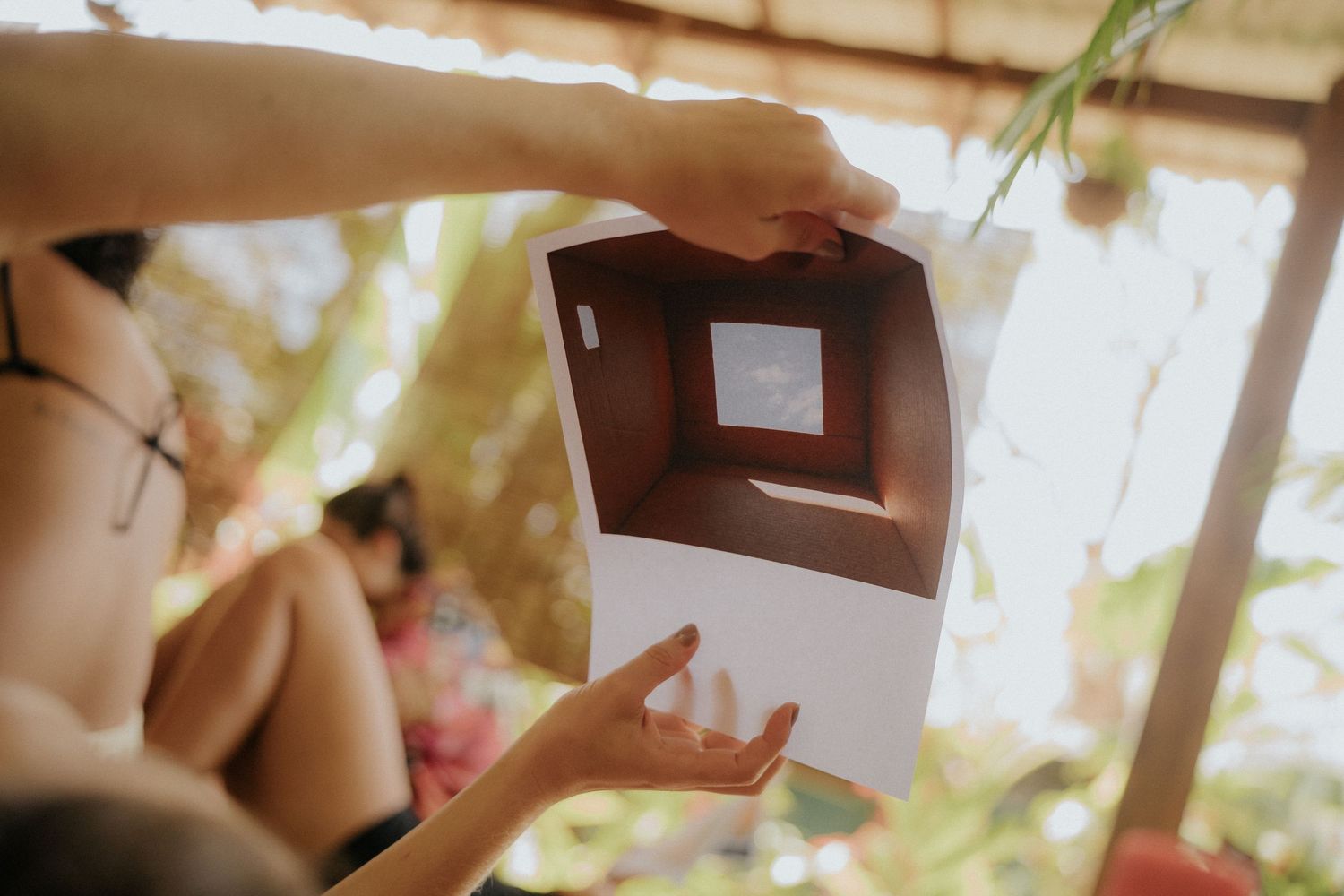 Hands holding up photographic prints in sunlit room.