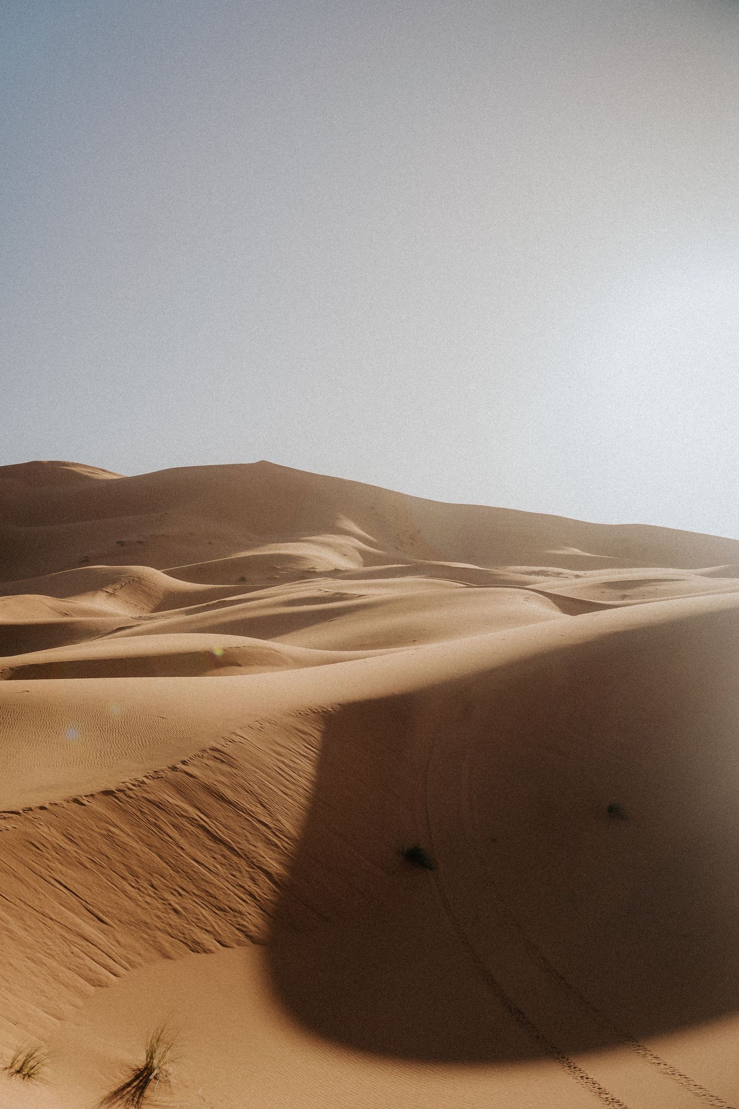 Sweeping desert landscape with rippled sand dunes under hazy sky.