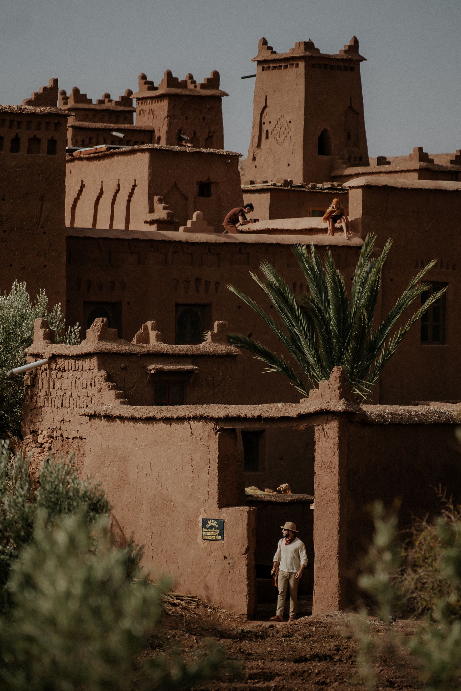 Ancient Moroccan kasbah made of clay and mud brick with traditional desert architecture and a palm tree in the foreground.