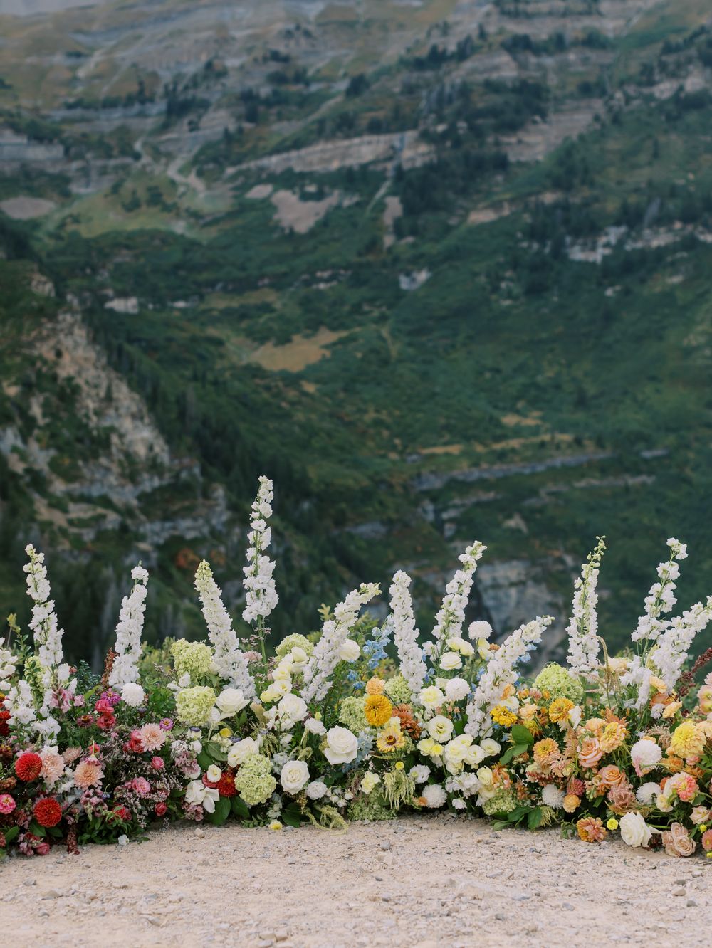 Stunning floral arrangement with white delphinium and colorful flowers set against a dramatic mountain backdrop.