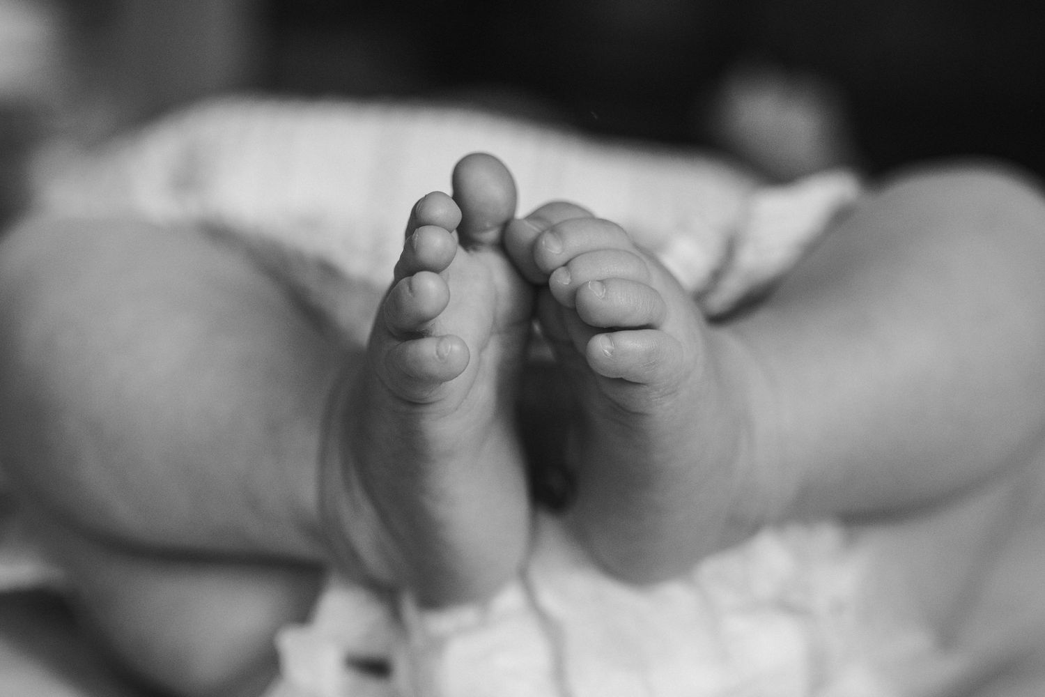 Close-up black and white detail of tiny newborn baby feet.