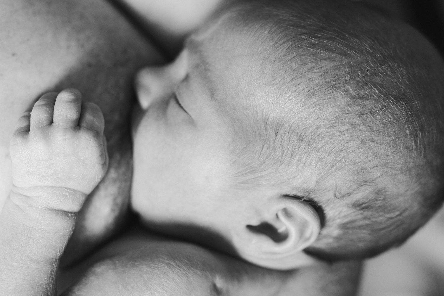 Close-up black and white image of a sleeping newborn baby's head and tiny hand.