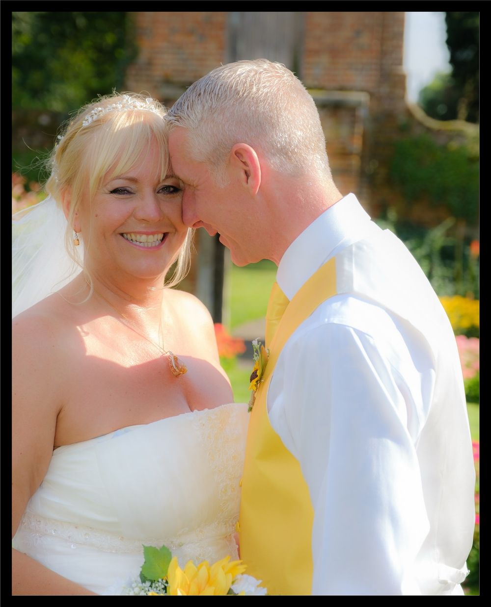 A romantic wedding photoshoot sequence showing tender moments between newlyweds in a garden setting.