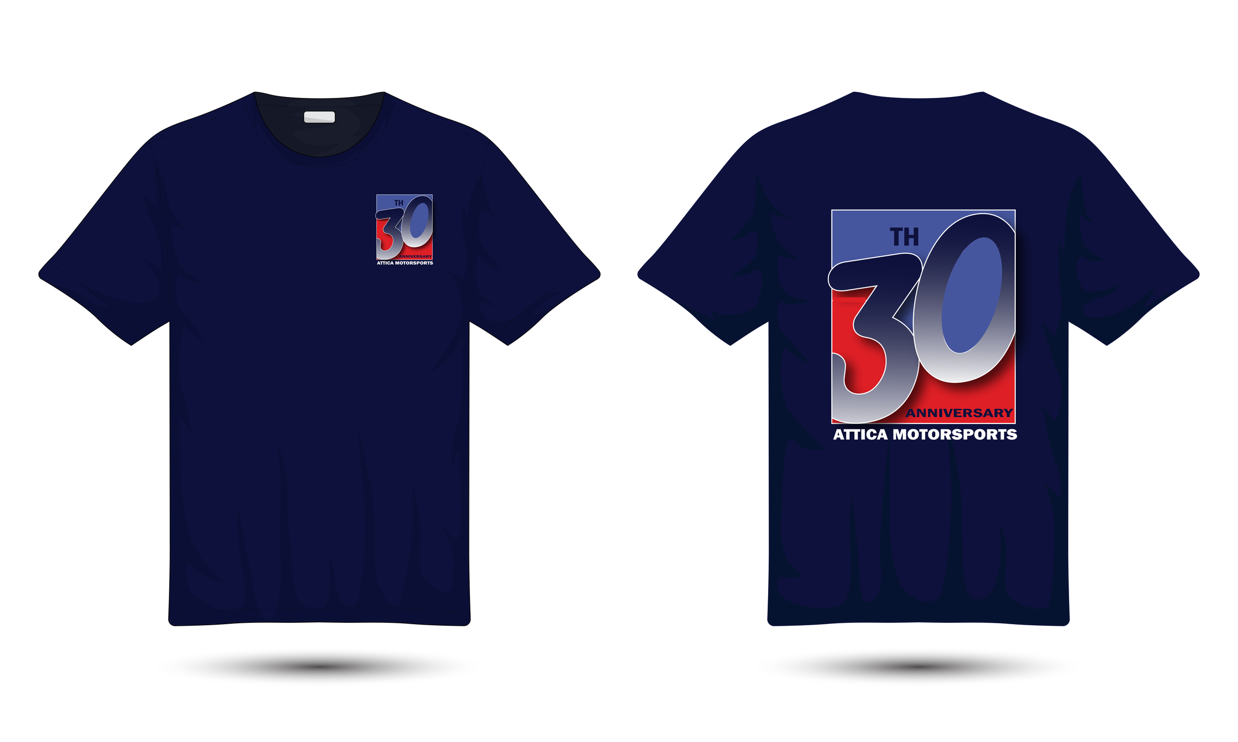 Navy blue t-shirt design with red and white graphic logo on front and back.