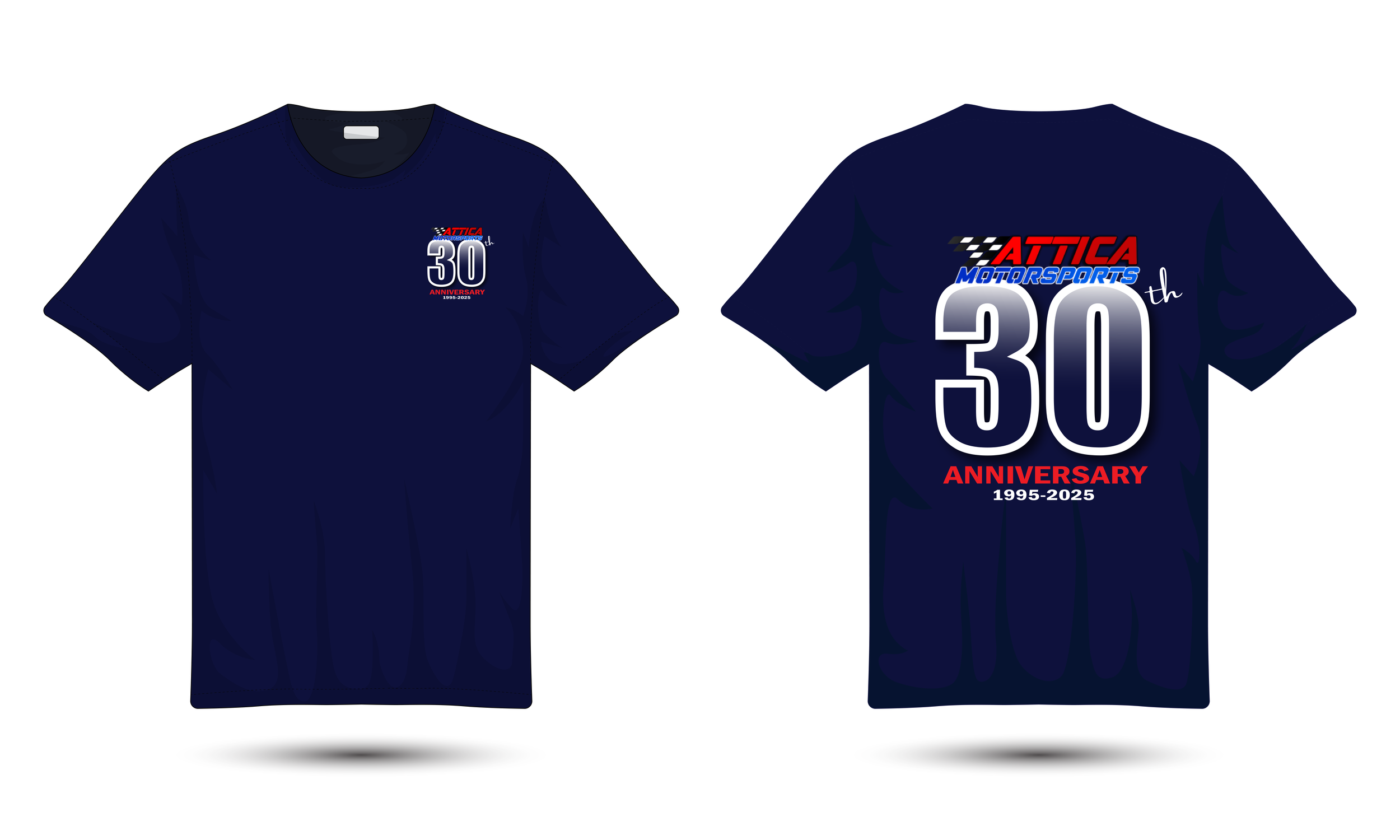 Navy blue t-shirt collection displaying various logo placements and designs.