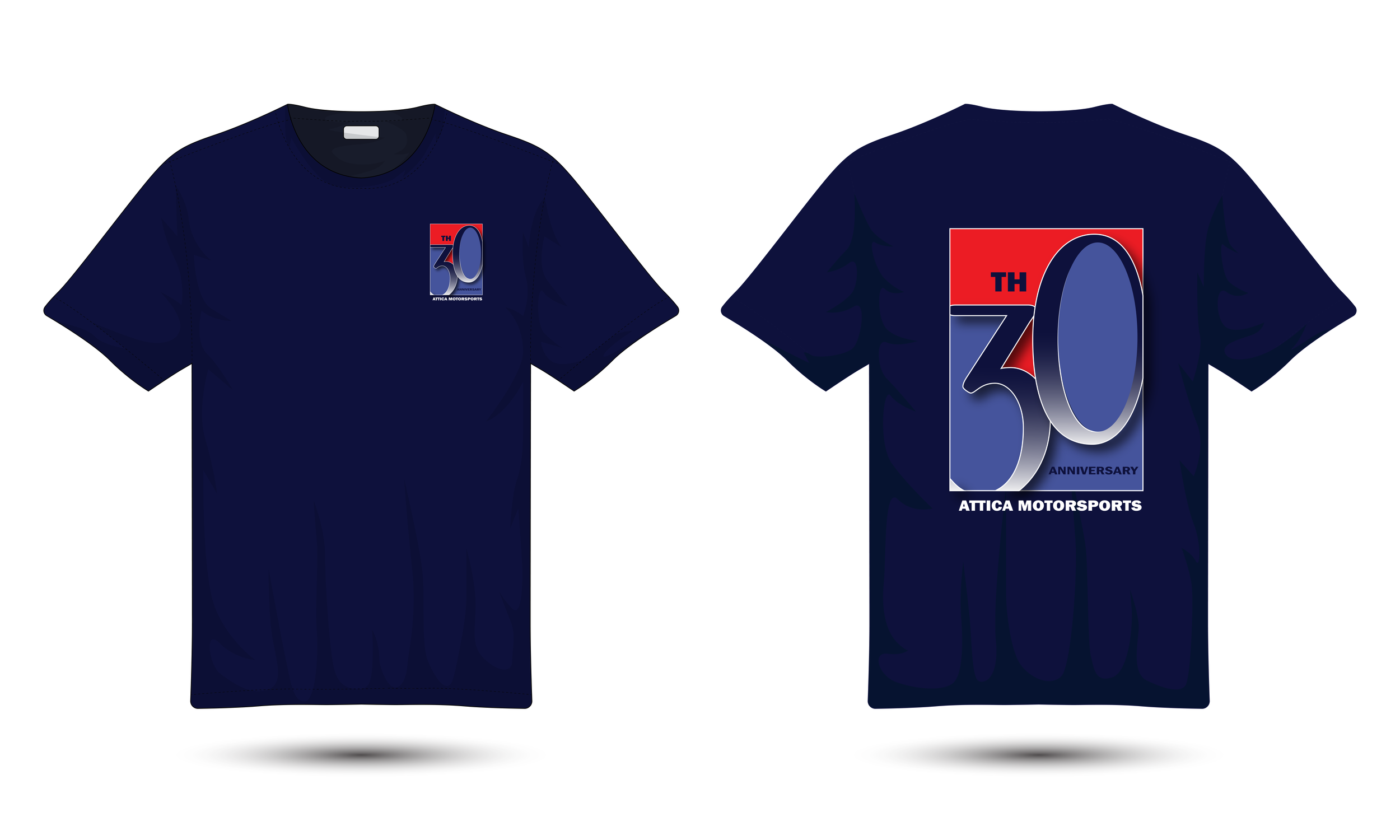 Navy blue t-shirt mockup showing front and back views with red and white logo design.