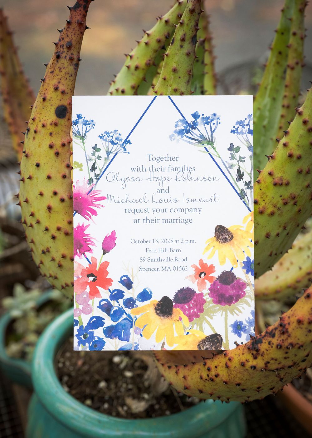 Wedding invitation with floral design and watercolor details displayed against a cactus plant background.