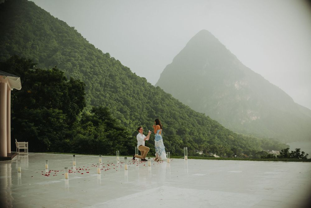 Saint Lucia Photographer captures Rainy surprise Proposal Photoshoot at Sugar Beach Viceroy in St Lucia