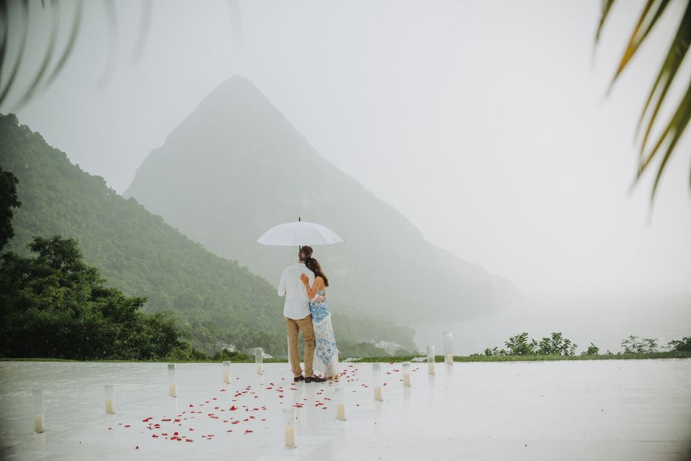 Saint Lucia Photographer captures Rainy surprise Proposal Photoshoot at Sugar Beach Viceroy in St Lucia