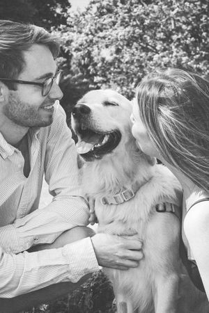 Black and white sequence of affectionate moments shared between a person and their happy Golden Retriever dog.