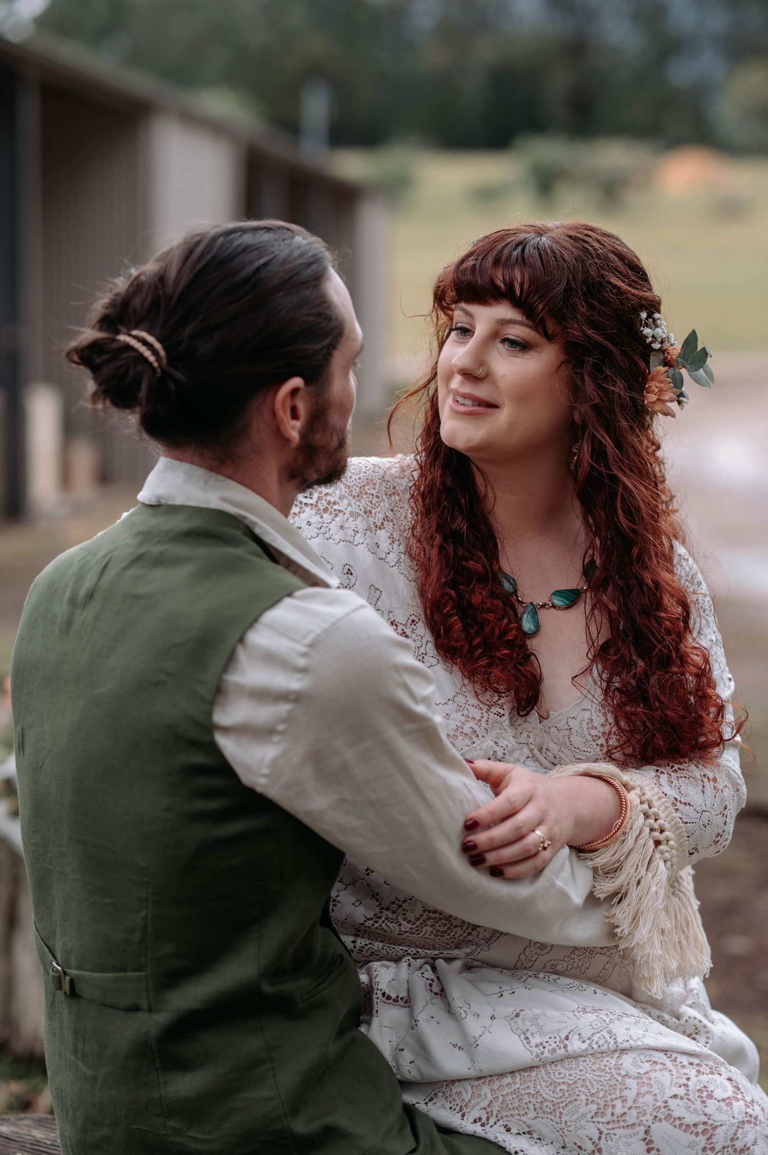 A romantic engagement photoshoot sequence shows a couple embracing outdoors in formal wedding attire.