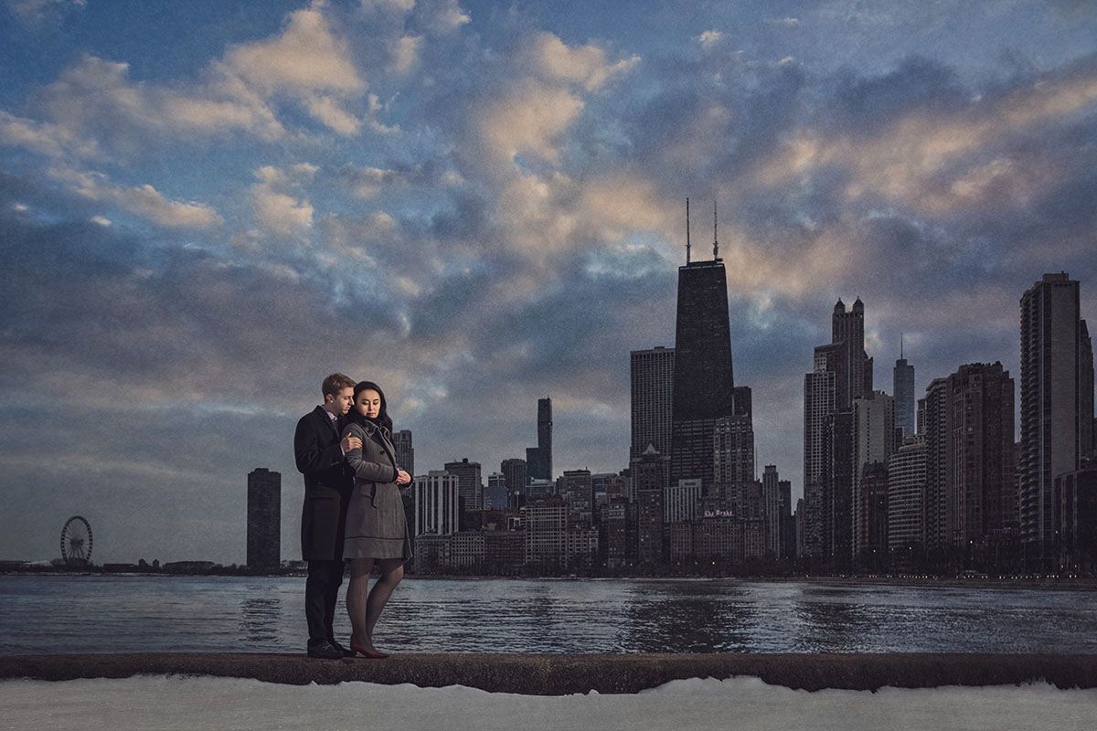 Romantic couple silhouettes against Chicago skyline at sunset along Lake Michigan shoreline from multiple angles.