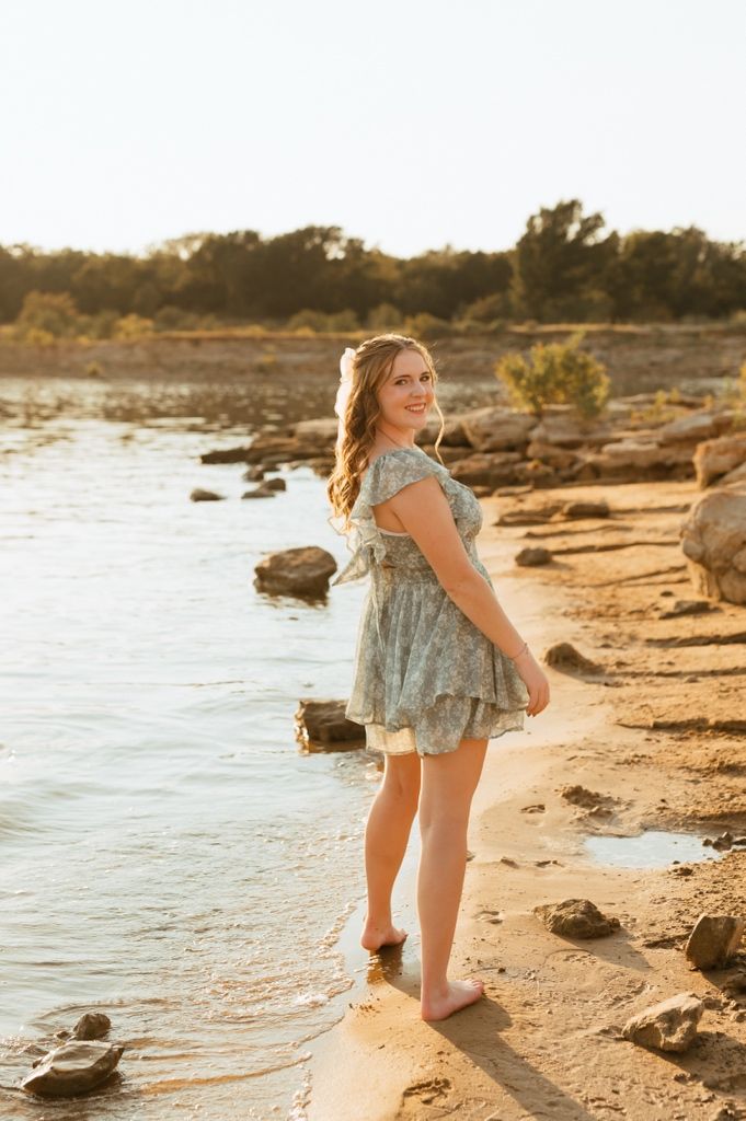 Beach lifestyle photo series at sunset showing summer vibes along a rocky shoreline with golden light.