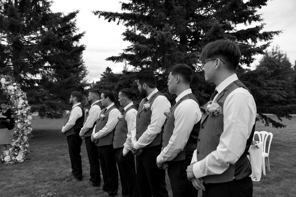 A panorama view showing a wedding party lined up outdoors with evergreen trees in the background.