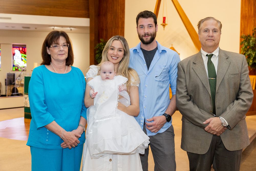 Several photos show adults and a baby in christening attire gathered at what appears to be a baptism or dedication ceremony.