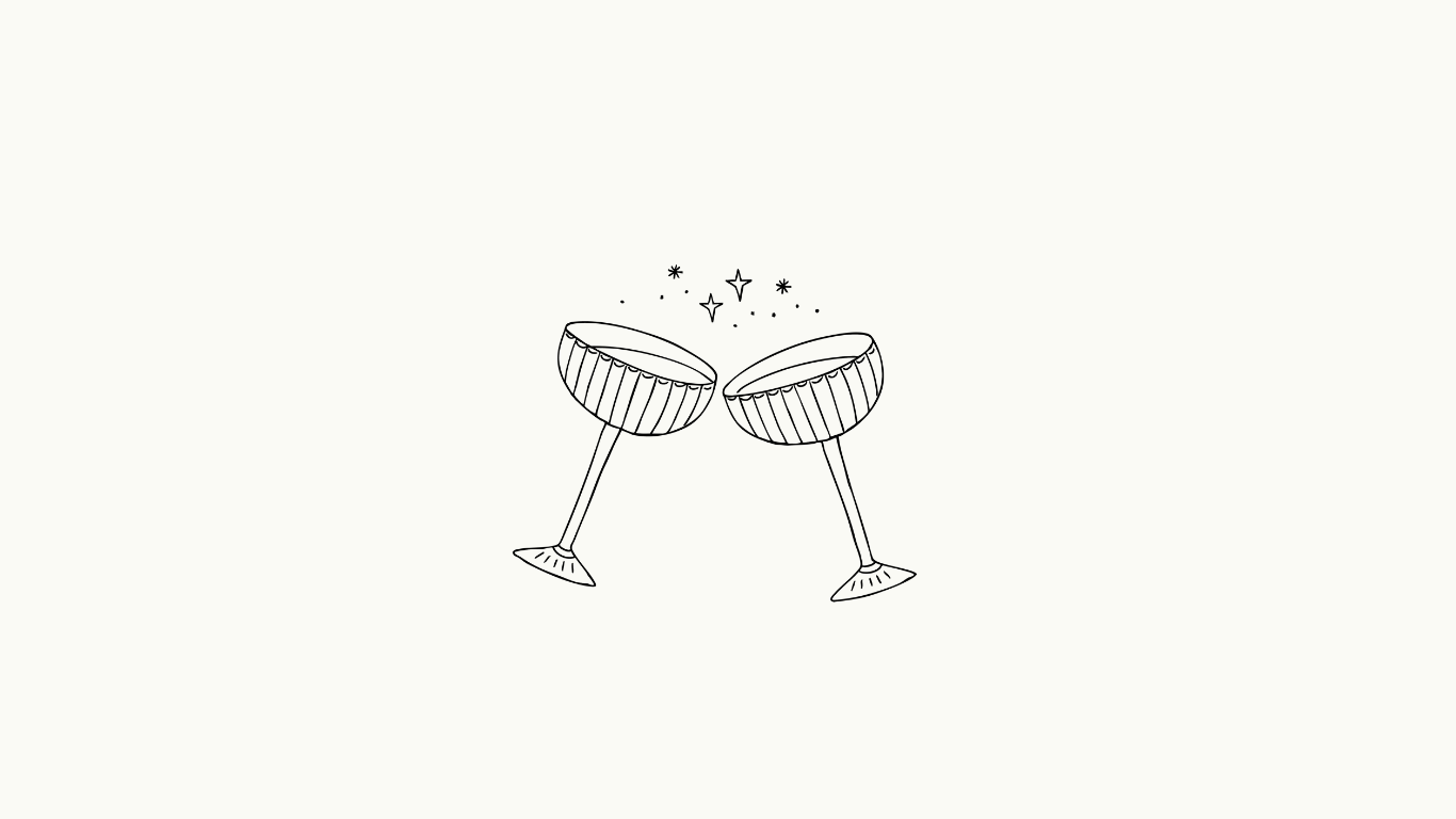 Two champagne flutes clink together in a festive celebration illustration with floating confetti.