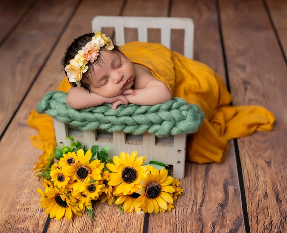 Arrangement showing five conceptual maternity photos with sunflowers and teal knit blanket on rustic wooden backdrop.