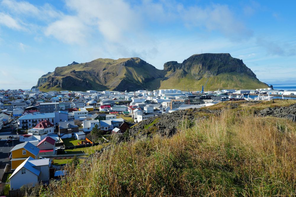 Small coastal town with white houses nestled beneath dramatic volcanic cliffs on Heimaey Island in Iceland.