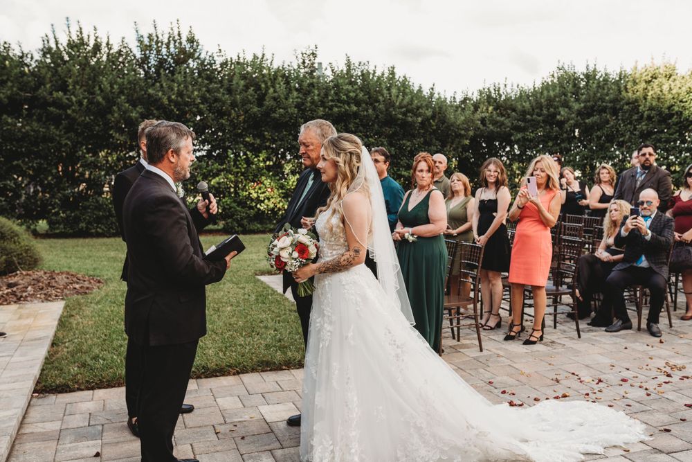 Outdoor wedding ceremony with guests watching couple exchange vows.