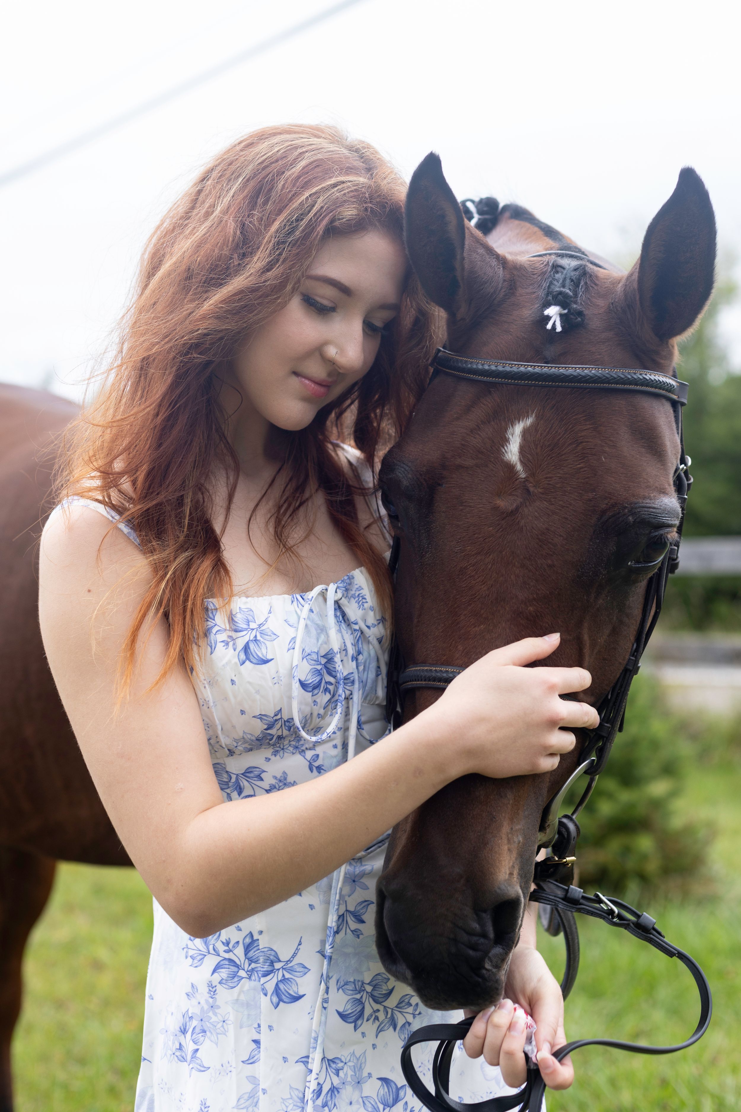 A gentle moment between a horse and companion in a floral dress.