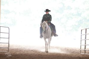 A horse and rider gallop through an outdoor arena during a western riding competition in dusty conditions.