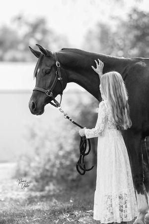 Black and white photo series shows a person in a white lace dress standing beside a dark horse in an outdoor setting.