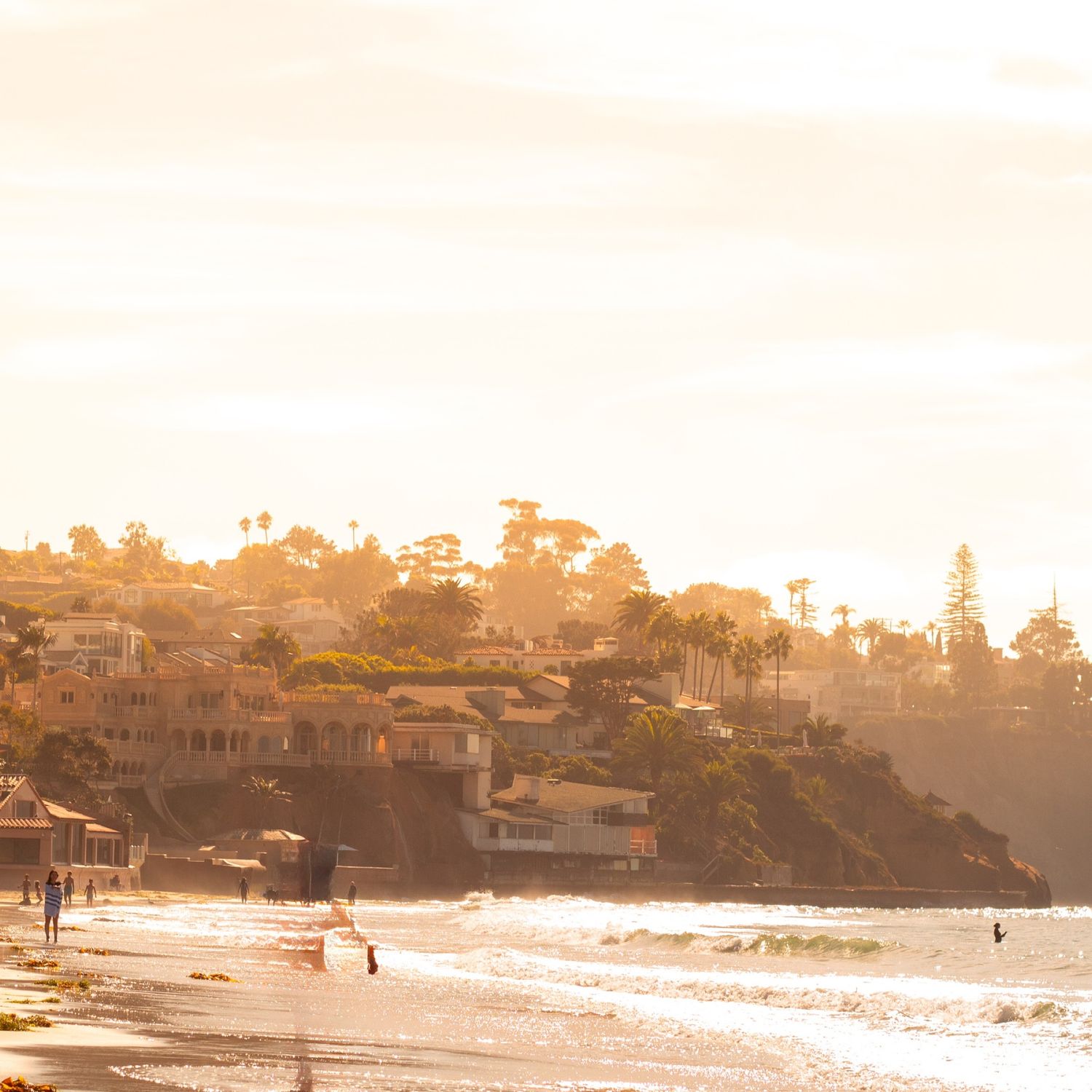 Three tranquil beach landscape photos during sunset with coastal houses and palm trees silhouetted against golden skies.