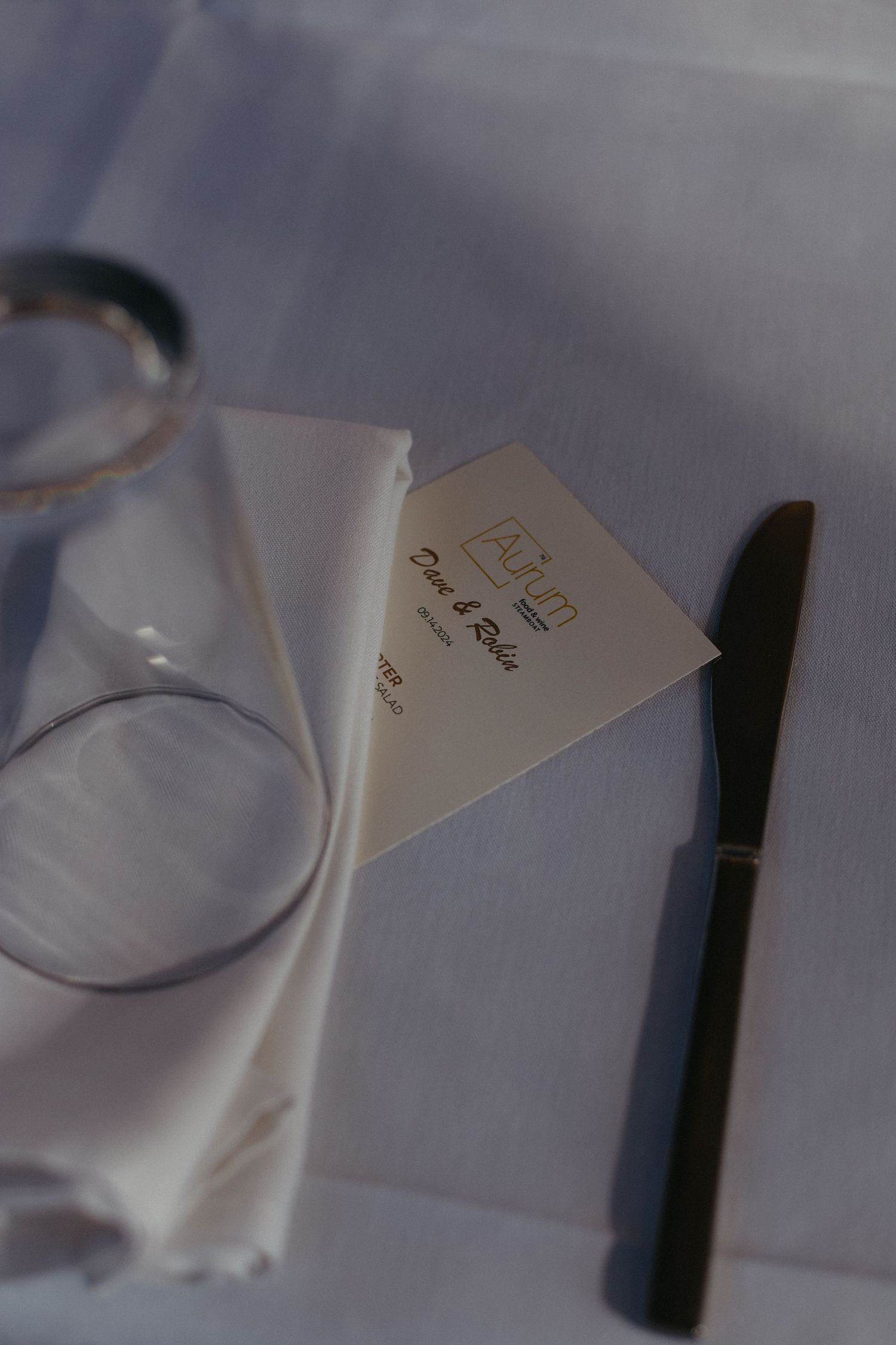 A white napkin with place card lies on an elegant table setting.