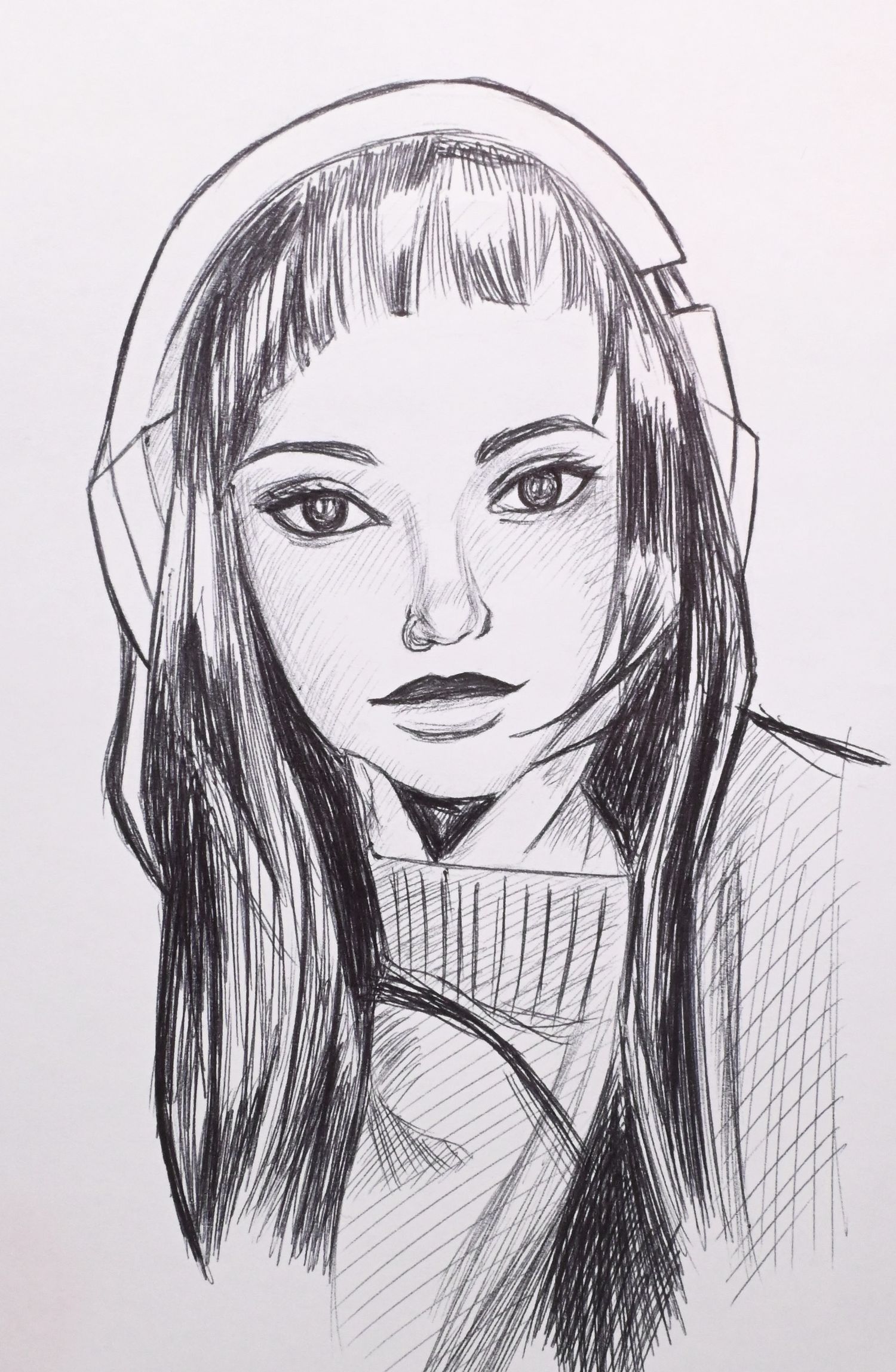Detailed pen sketch portrait of a young woman with straight bangs wearing headphones and a turtleneck sweater.