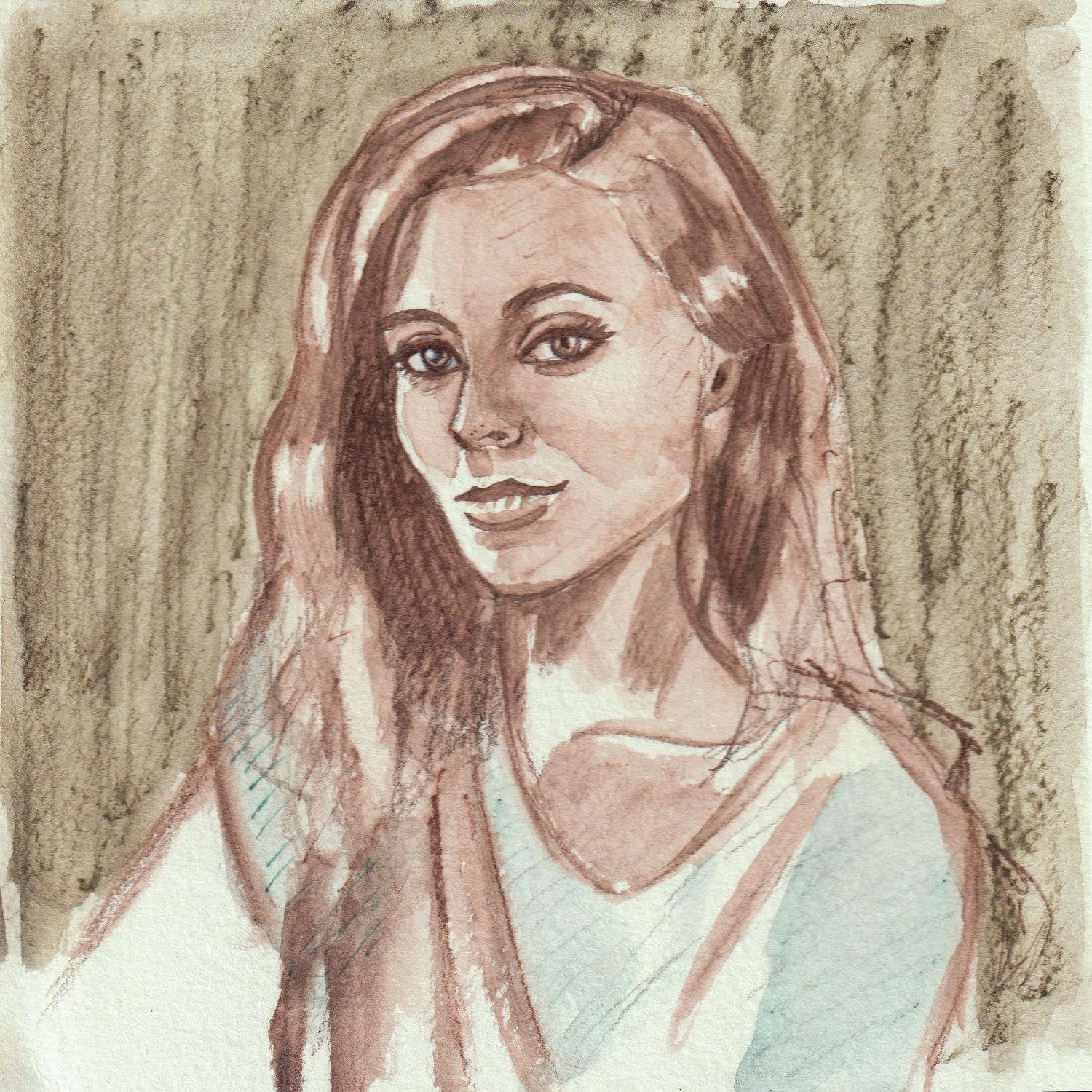 Watercolor and pencil portrait of a smiling young woman with long hair.