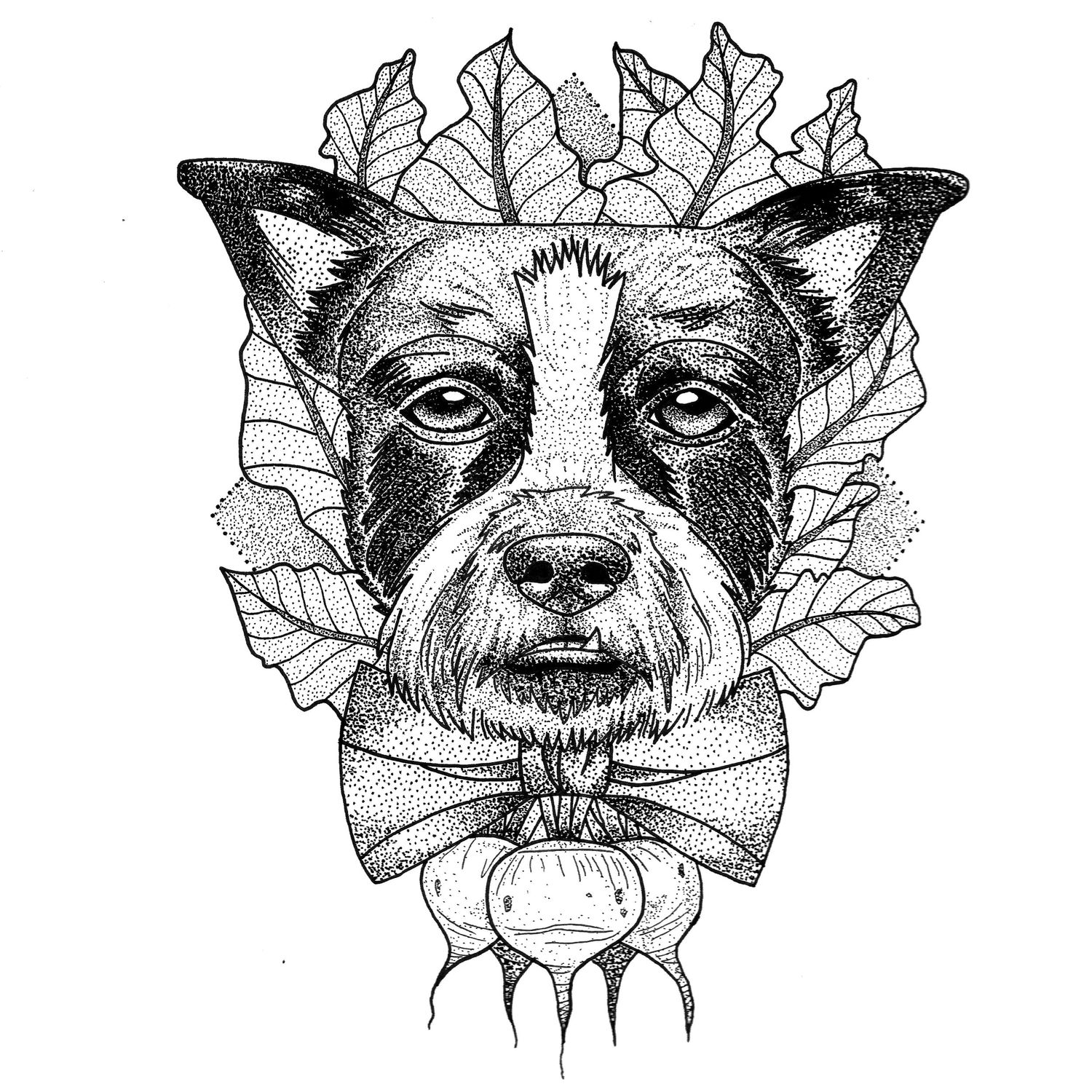 Black and white ink illustration of a dog with bow tie and leaves.
