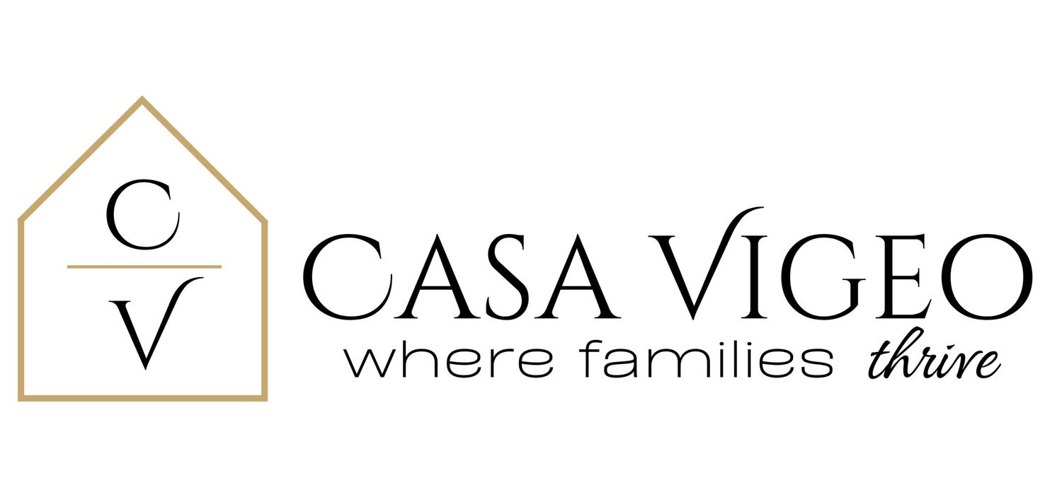 Casa Vigeo logo featuring a minimalist house icon and tagline 'where families thrive'.