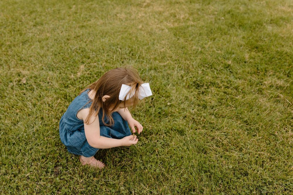 A young reader in a blue dress crouches on grass while engrossed in their book on a sunny day.