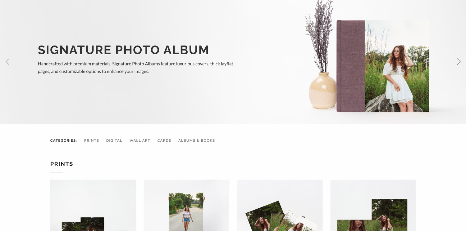 Product showcase of a signature photo album with sample images.