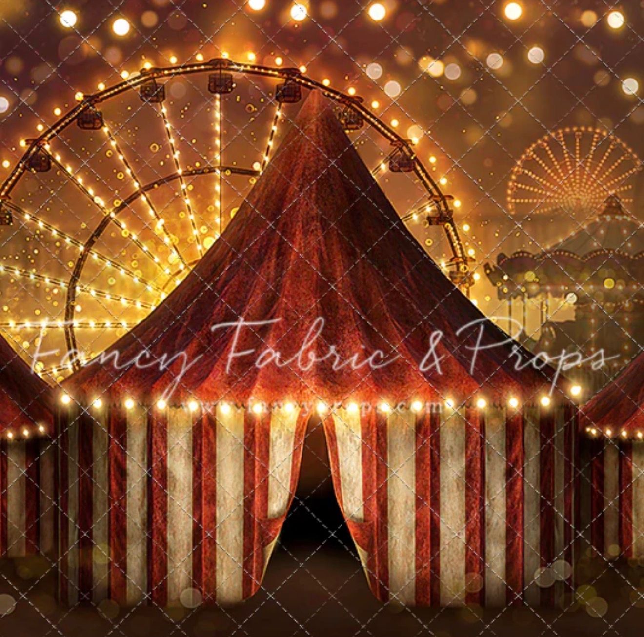 Circus tent backdrop with red stripes, ferris wheels, and warm golden bokeh lights for photography.