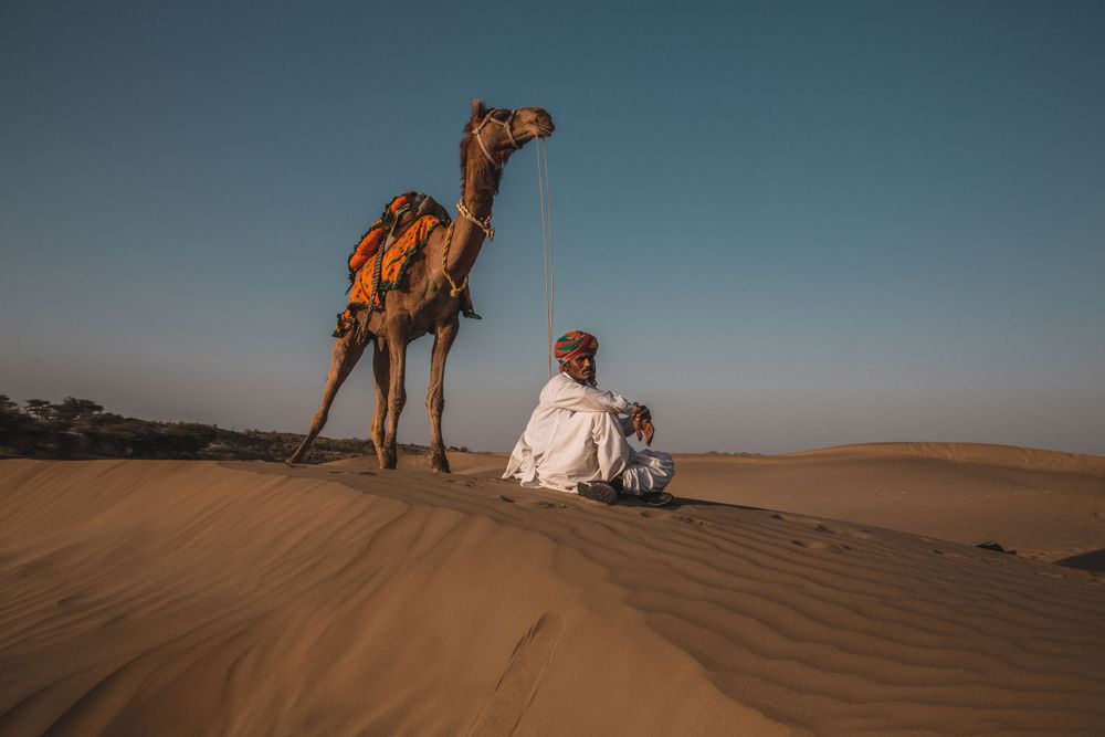 Man in white robes sitting beside a decorated camel on golden sand dunes at dusk in the Thar Desert.