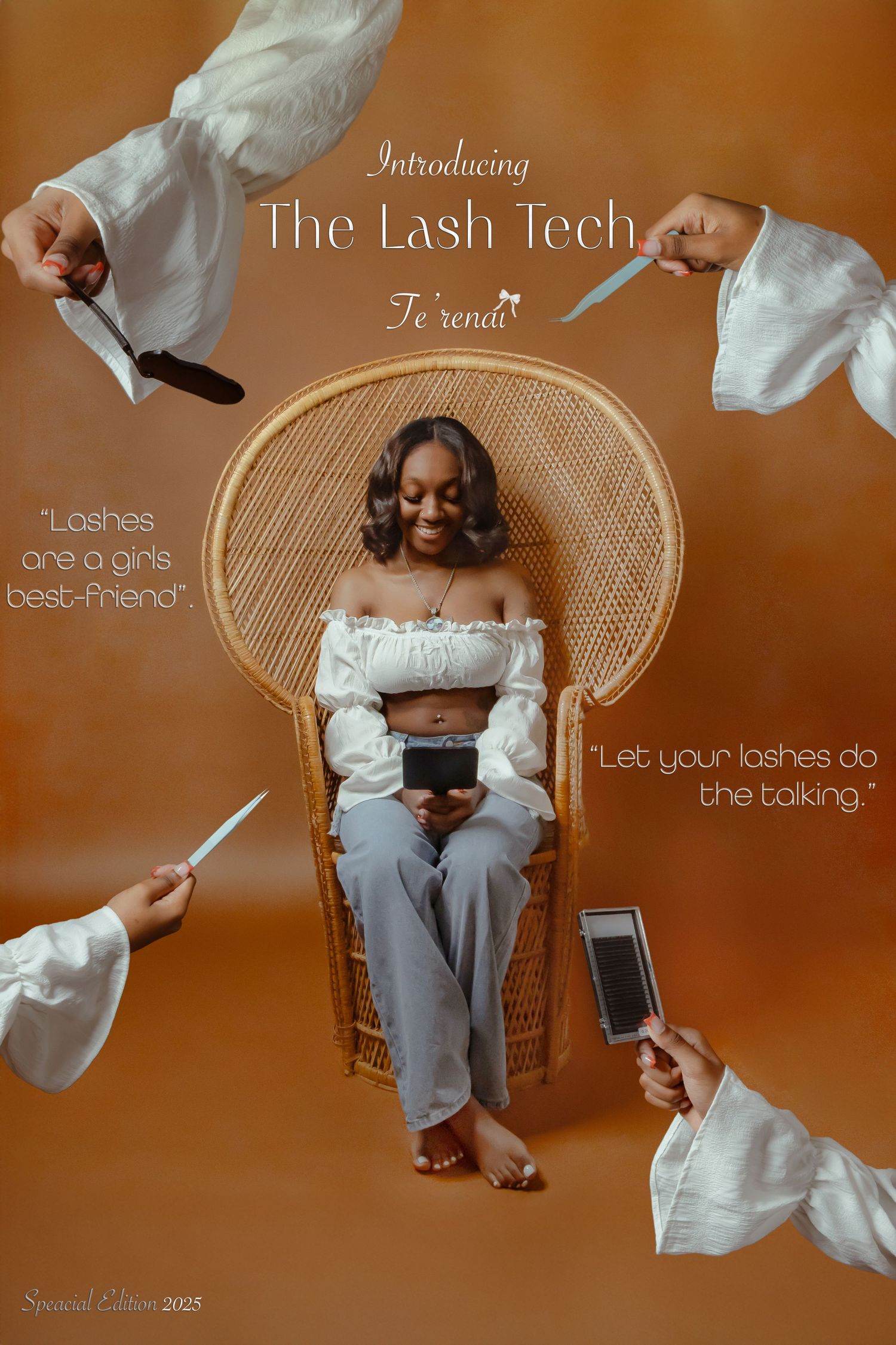 A woman sits in a wicker throne chair surrounded by hands holding lash tools, promoting Te'rendi The Lash Tech.