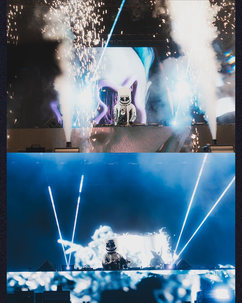 DJ Marshmello performing live on stage with laser lights, pyrotechnics, and a large LED screen at a concert.